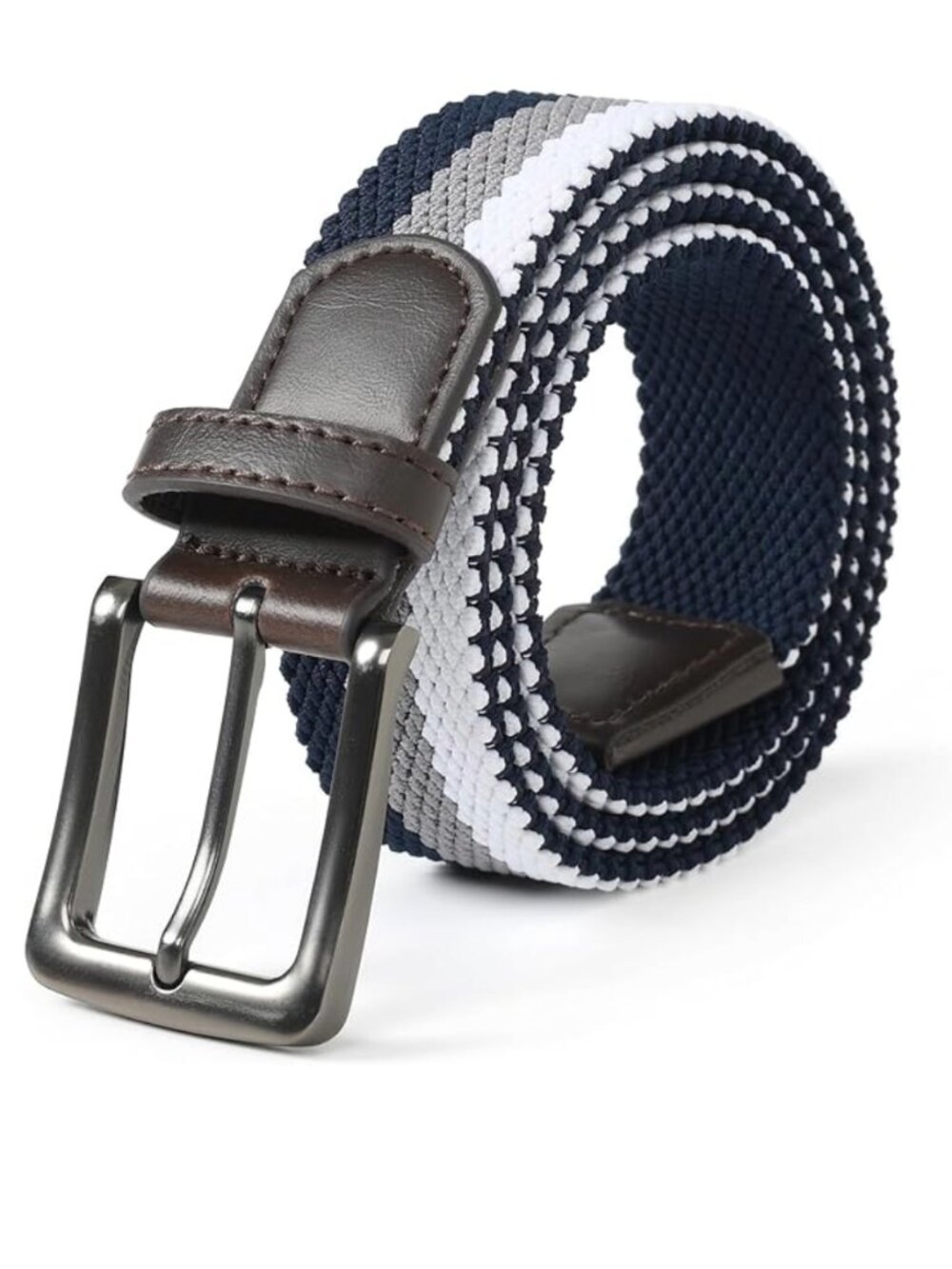 Men's Golf Woven Belt with High Elasticity Strap, Size M 32-34, NAVY GREY WHITE